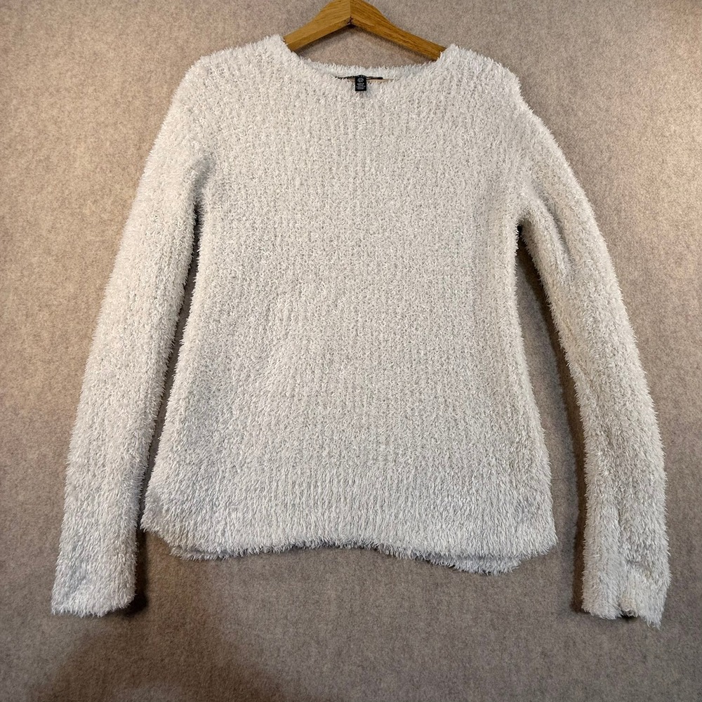 Ellen Tracy White Eyelash Knit Fuzzy Crew‎ Neck Sweater Womens Small T0379